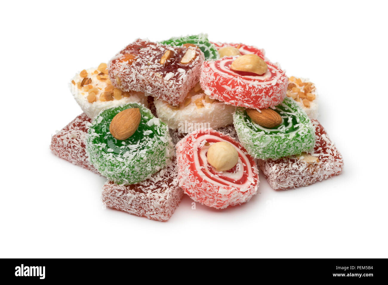 Heap of colorful  sweet Turkish delight isolated on white background Stock Photo