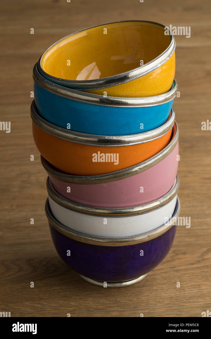 Stack of traditional colorful Moroccan bowls Stock Photo