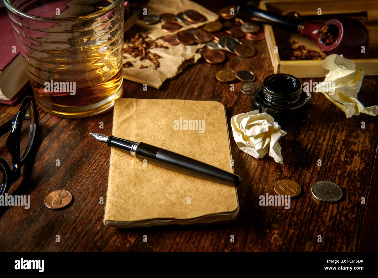 Writer S Desk With Pen And Ink Whisky Pipe And Glasses Stock Photo