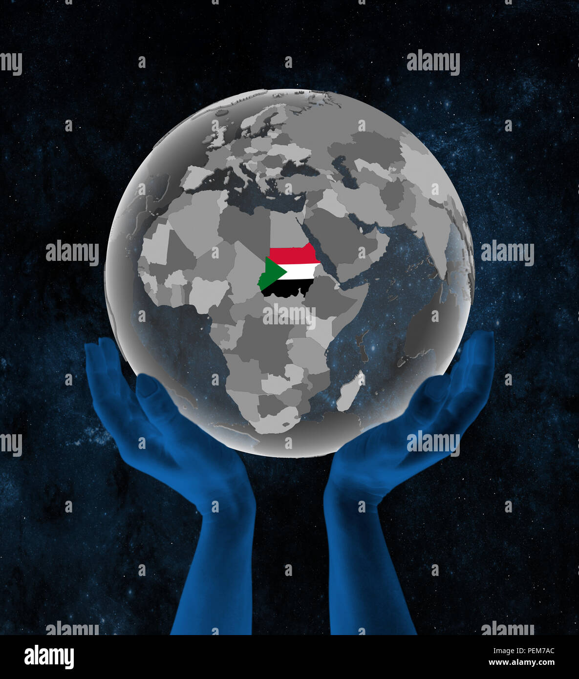 Sudan With Flag On Translucent Globe In Hands In Space 3D Illustration   Sudan With Flag On Translucent Globe In Hands In Space 3d Illustration PEM7AC 