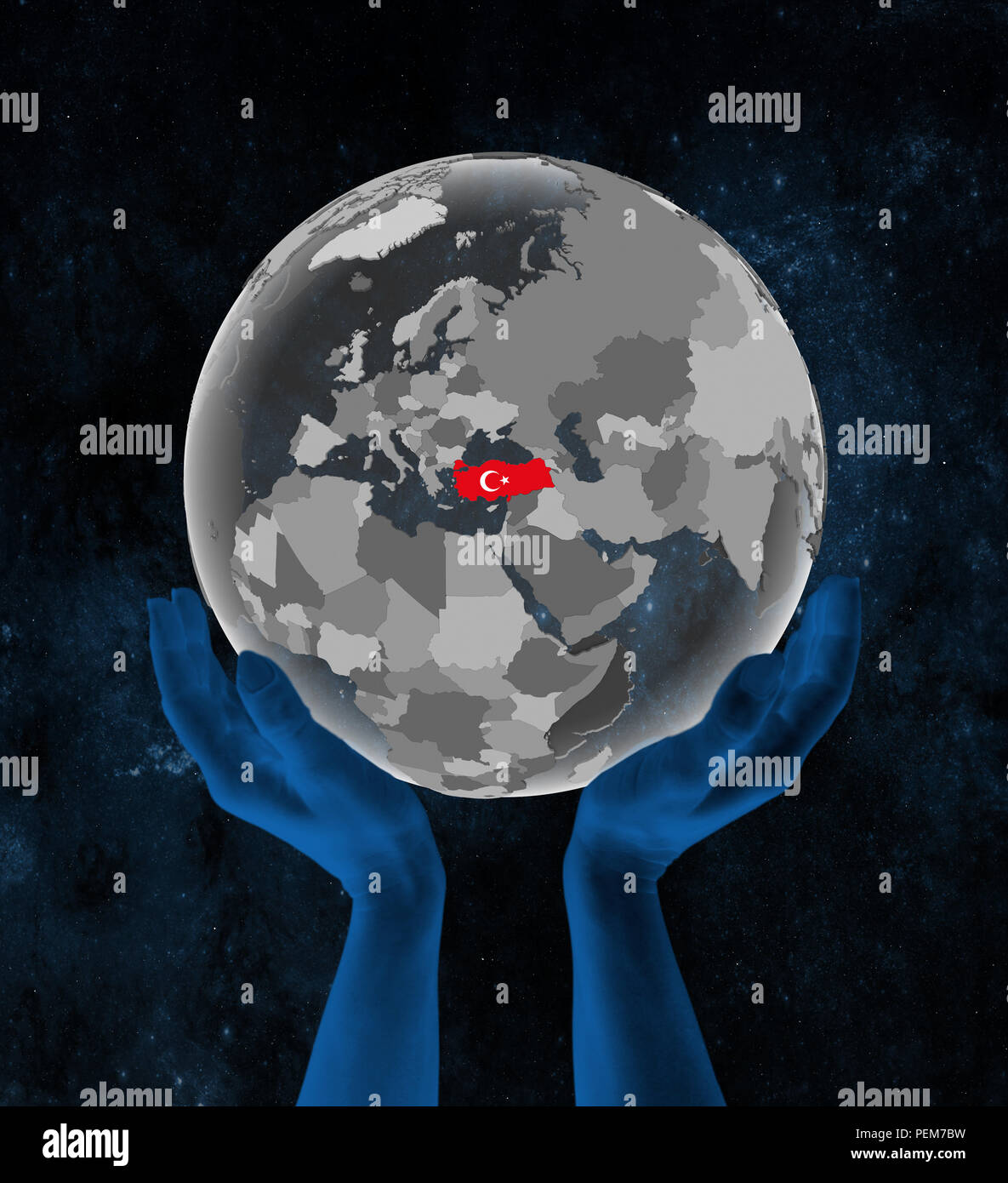 Turkey With flag on translucent globe in hands in space. 3D ...