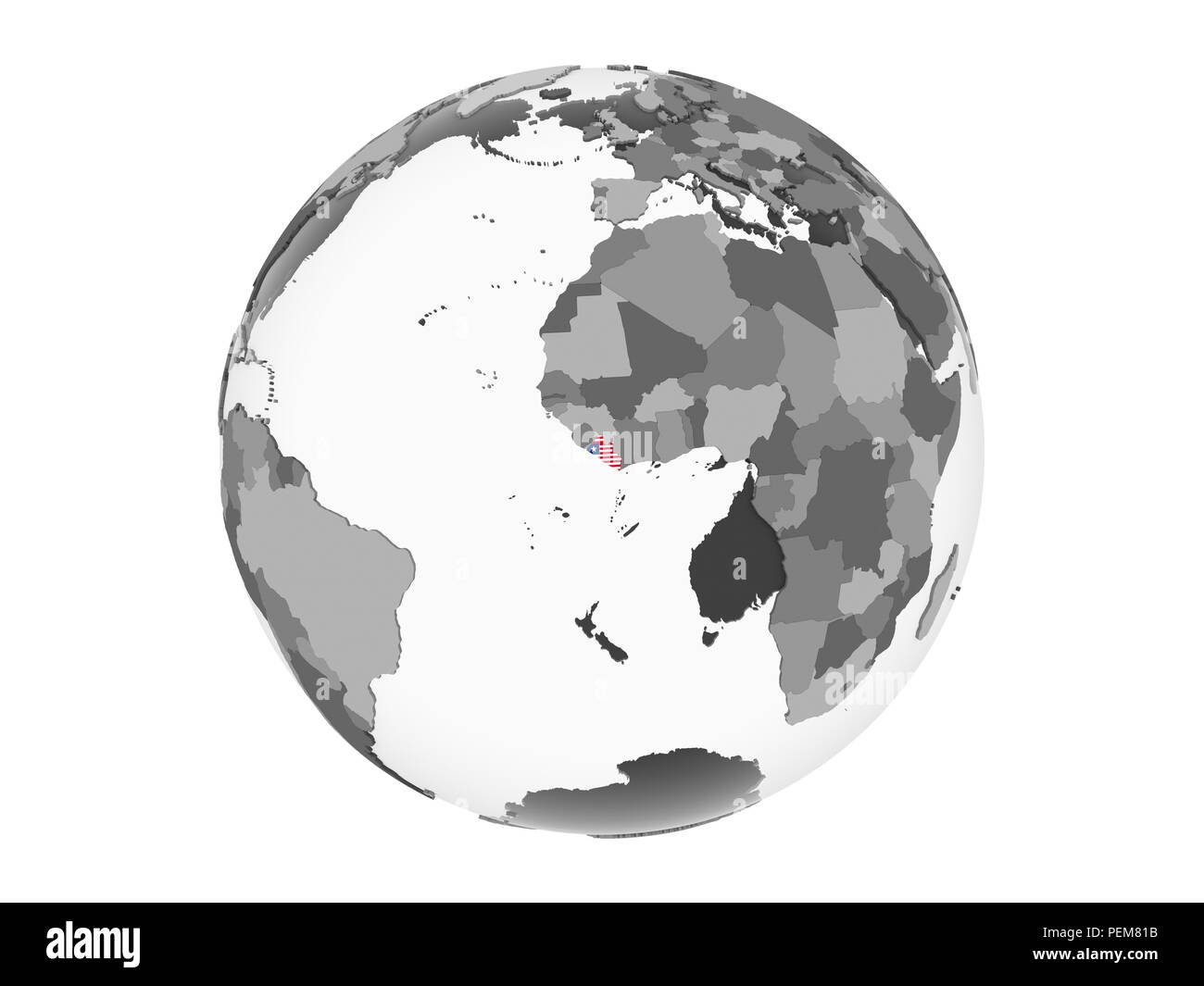 Liberia on gray political globe with embedded flag. 3D illustration ...