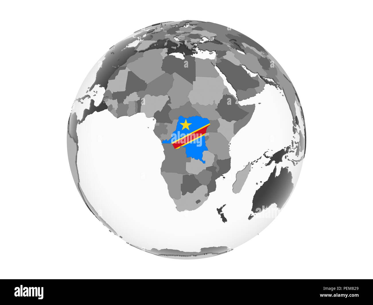 Democratic Republic of Congo on gray political globe with embedded flag. 3D illustration isolated on white background. Stock Photo