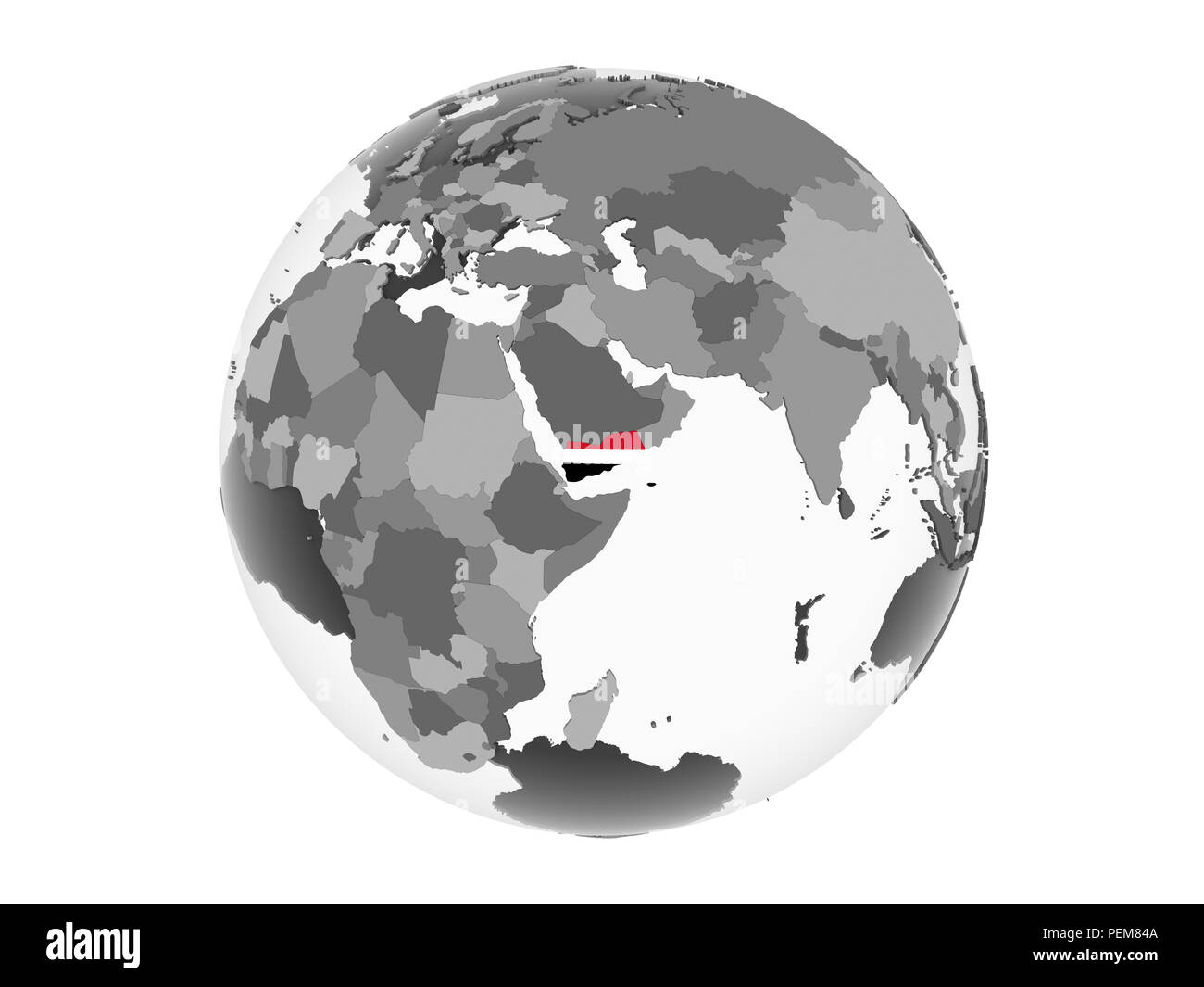 Yemen on gray political globe with embedded flag. 3D illustration ...