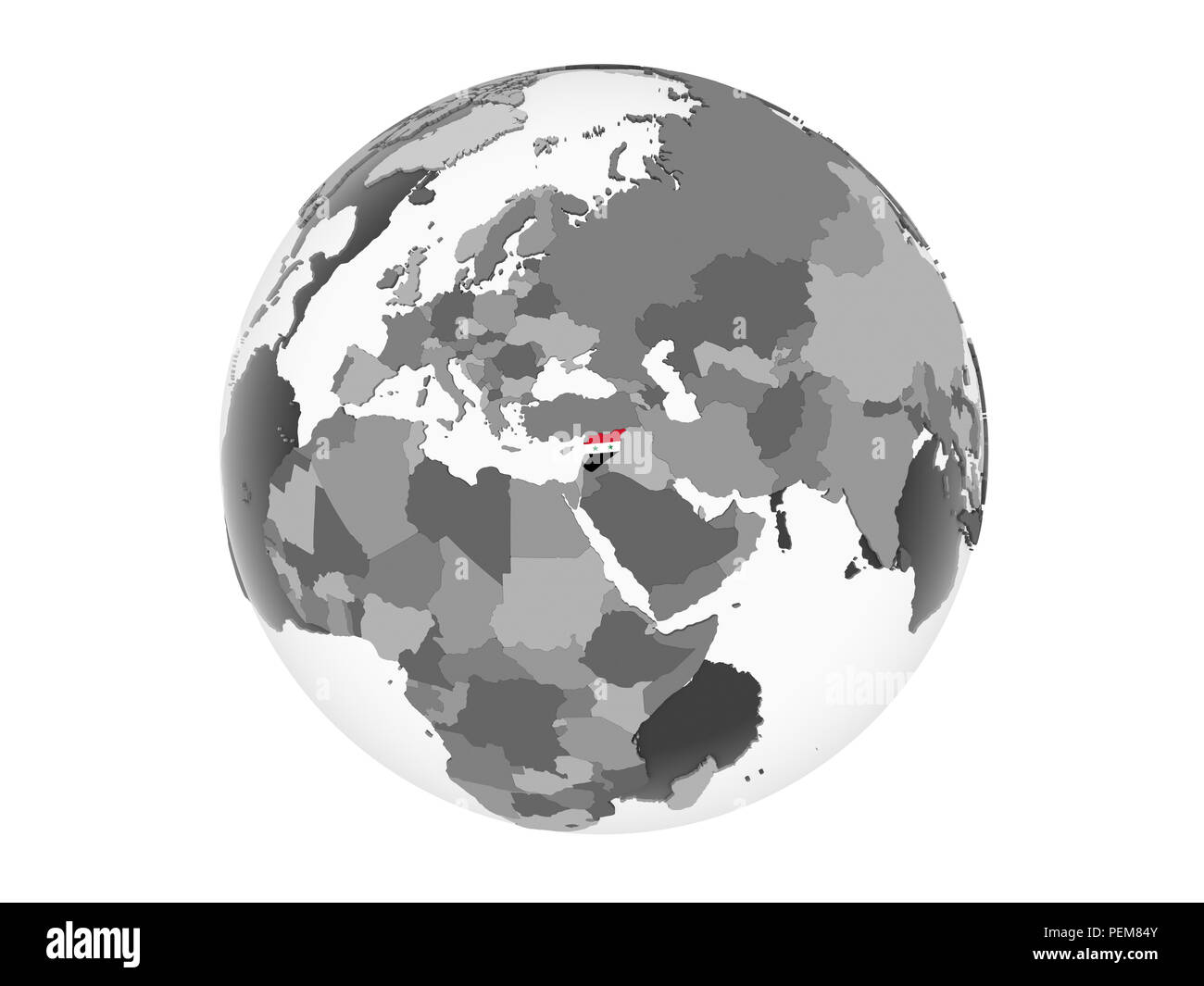 Syria on gray political globe with embedded flag. 3D illustration isolated on white background. Stock Photo