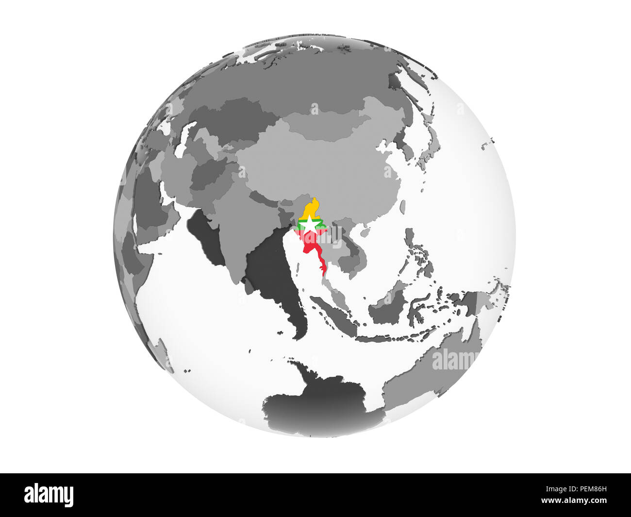 Myanmar on gray political globe with embedded flag. 3D illustration ...