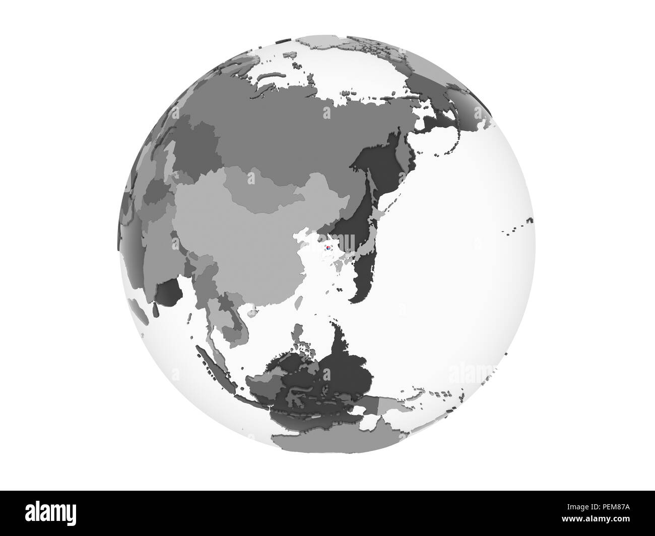 South Korea on gray political globe with embedded flag. 3D illustration ...