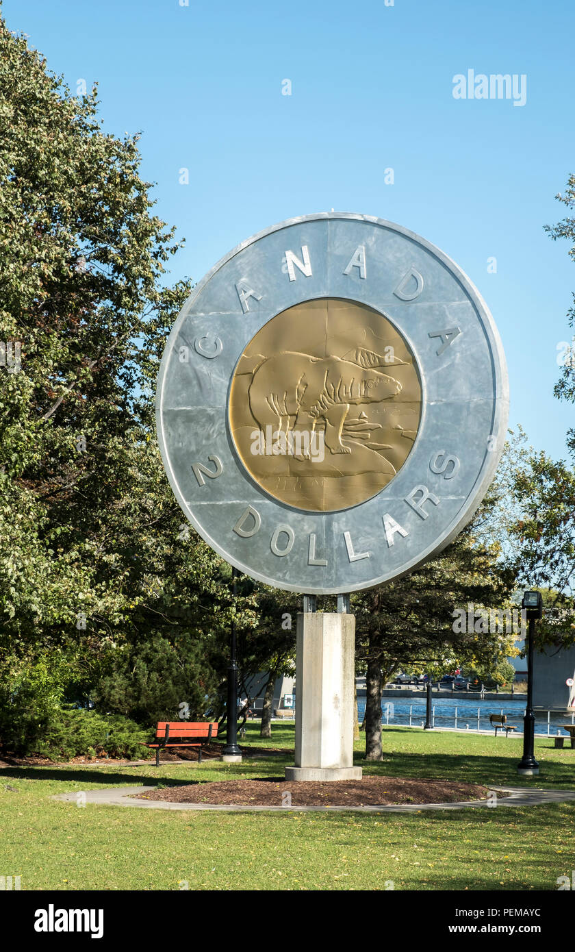 The giant toonie located in Old Mill Park in Campbellford Ontario Canada. Stock Photo