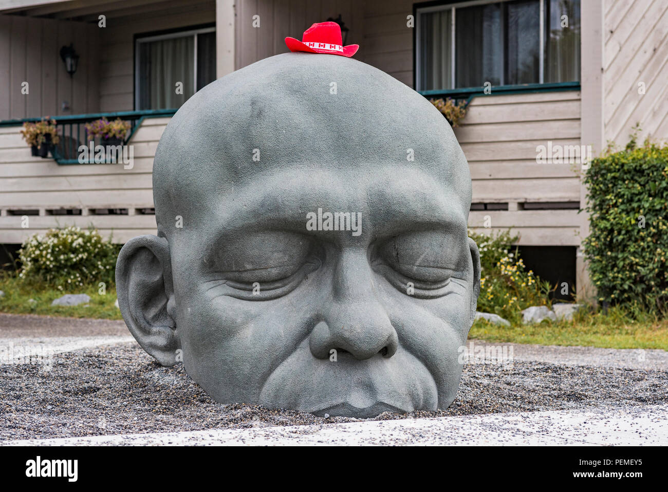 Sculpture named Big Head, a translation of the Gaelic Ceann Mór, a variation of the town's name., Canmore, Alberta, Canada. Stock Photo