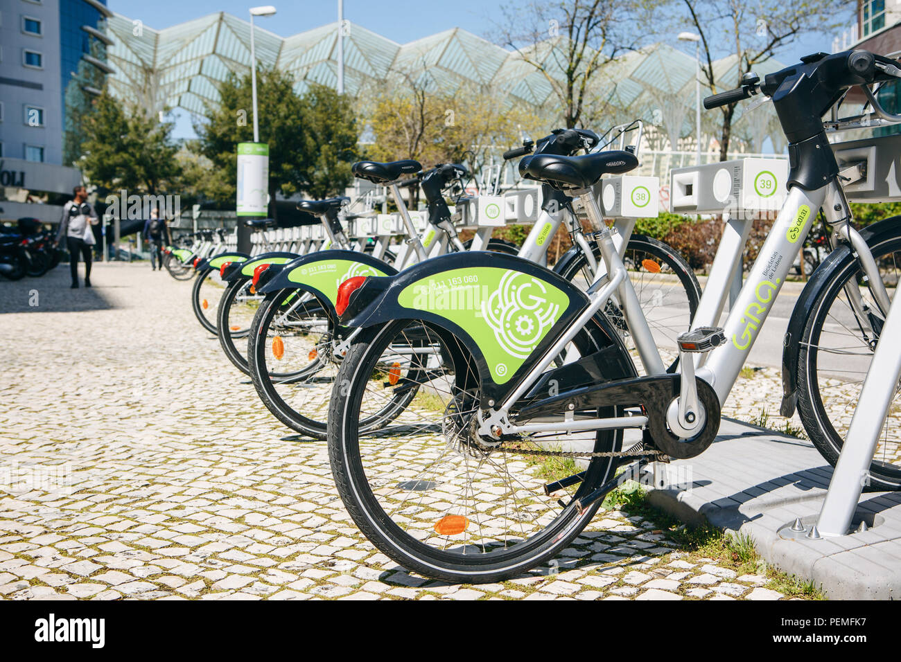 Portugal, Lisbon 29 april 2018: city bicycles or alternative ecological public transport and lease of city bicycle Stock Photo