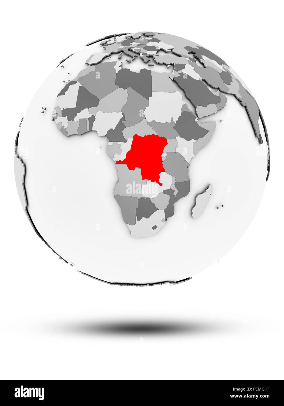 Democratic Republic of Congo on simple gray globe with shadow isolated ...