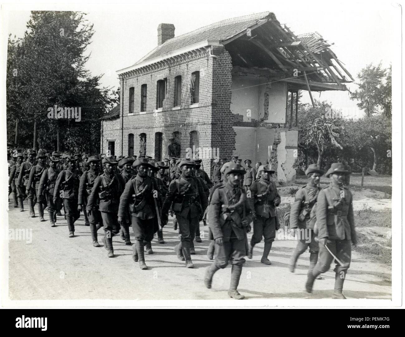 [39th] Garhwali Riflemen on the march in France [Estaire La Bass u00e9e Road]. Photographer  H. D. Girdwood. Stock Photo