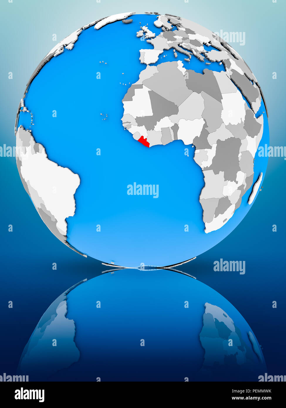 Liberia on globe reflecting on surface. 3D illustration Stock Photo - Alamy