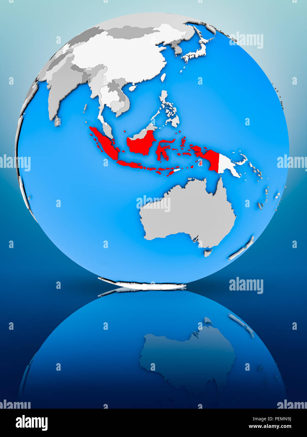 Indonesia on globe reflecting on surface. 3D illustration. Stock Photo