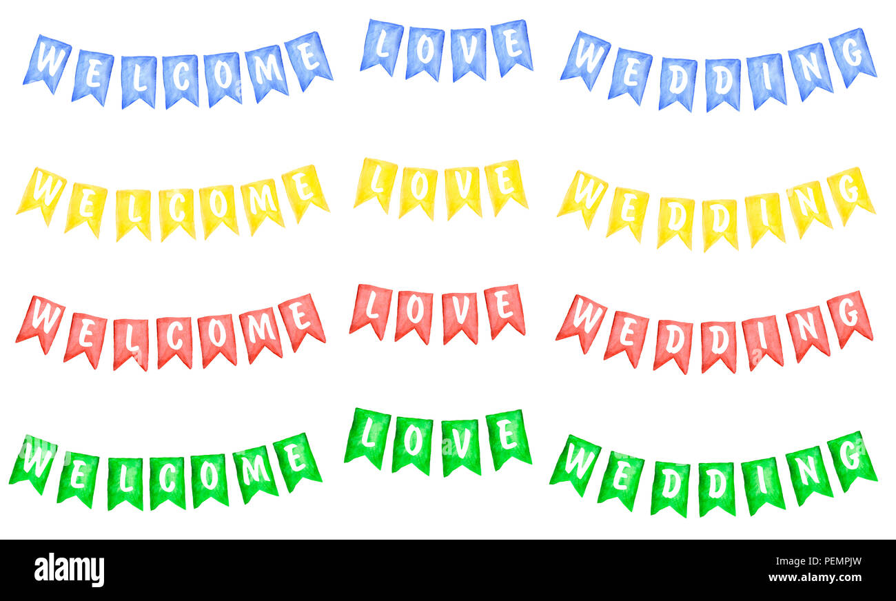 Watercolor Illustration Of Flags Banner In Different Colors With
