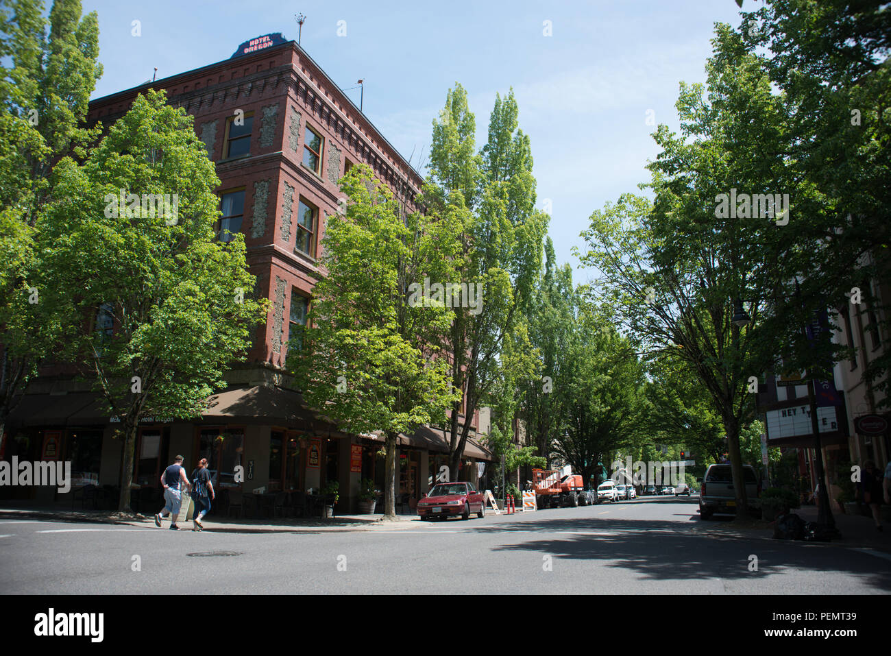 MCMINNVILLE, OREGON JUNE 6TH 2017, the McMenamins Hotel Oregon, and other buildings along downtown 3rd street. Stock Photo