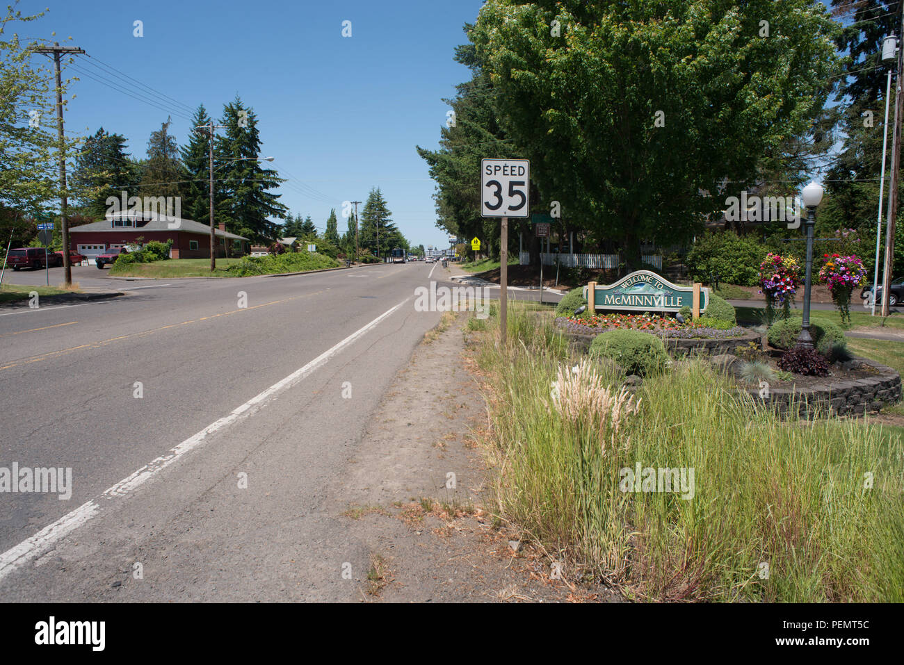 MCMINNVILLE, OREGON JUNE 6TH 2017, A roadside sign welcoming people to the city of McMinnville. Stock Photo