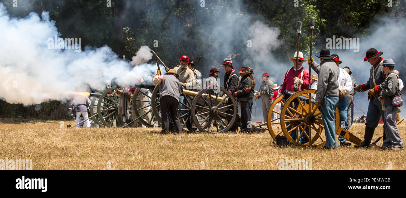 Duncan Mills, Calif / July 14, 2012: Men fire canon during Civil War Reenactment Stock Photo