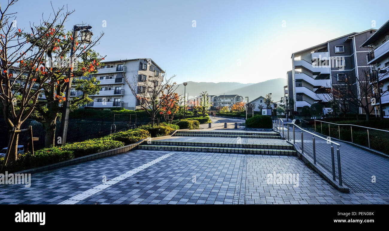Osaka, Japan Nov 17, 2016. Modern apartments with autumn trees in