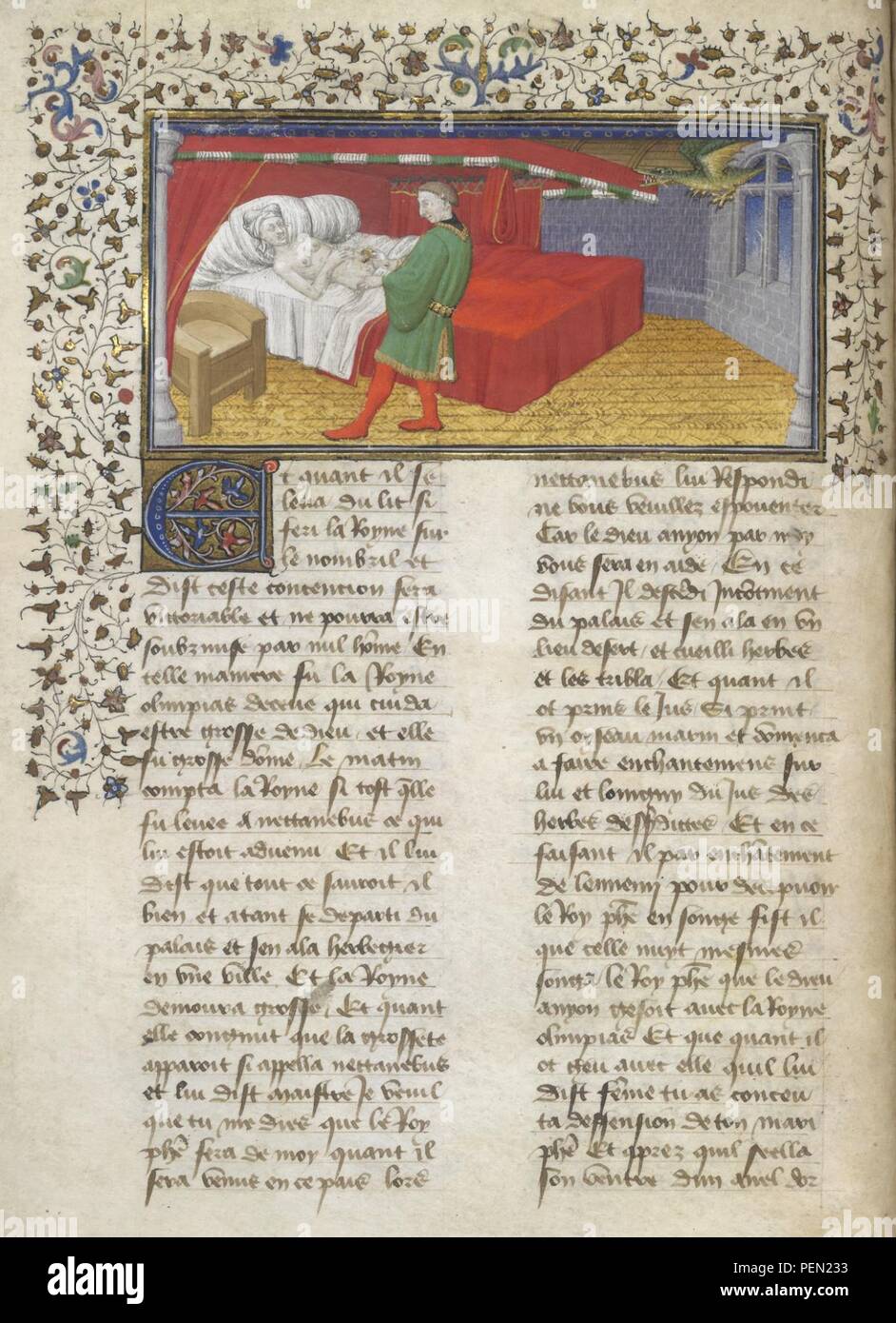 La Vraye Histoire du Bon Roy Alixandre (The Alexander Romance in Old French  prose). - caption 'Nectanebus as a serpent enters Olympias' chamber, and  practices enchantments on her as she sleeps in