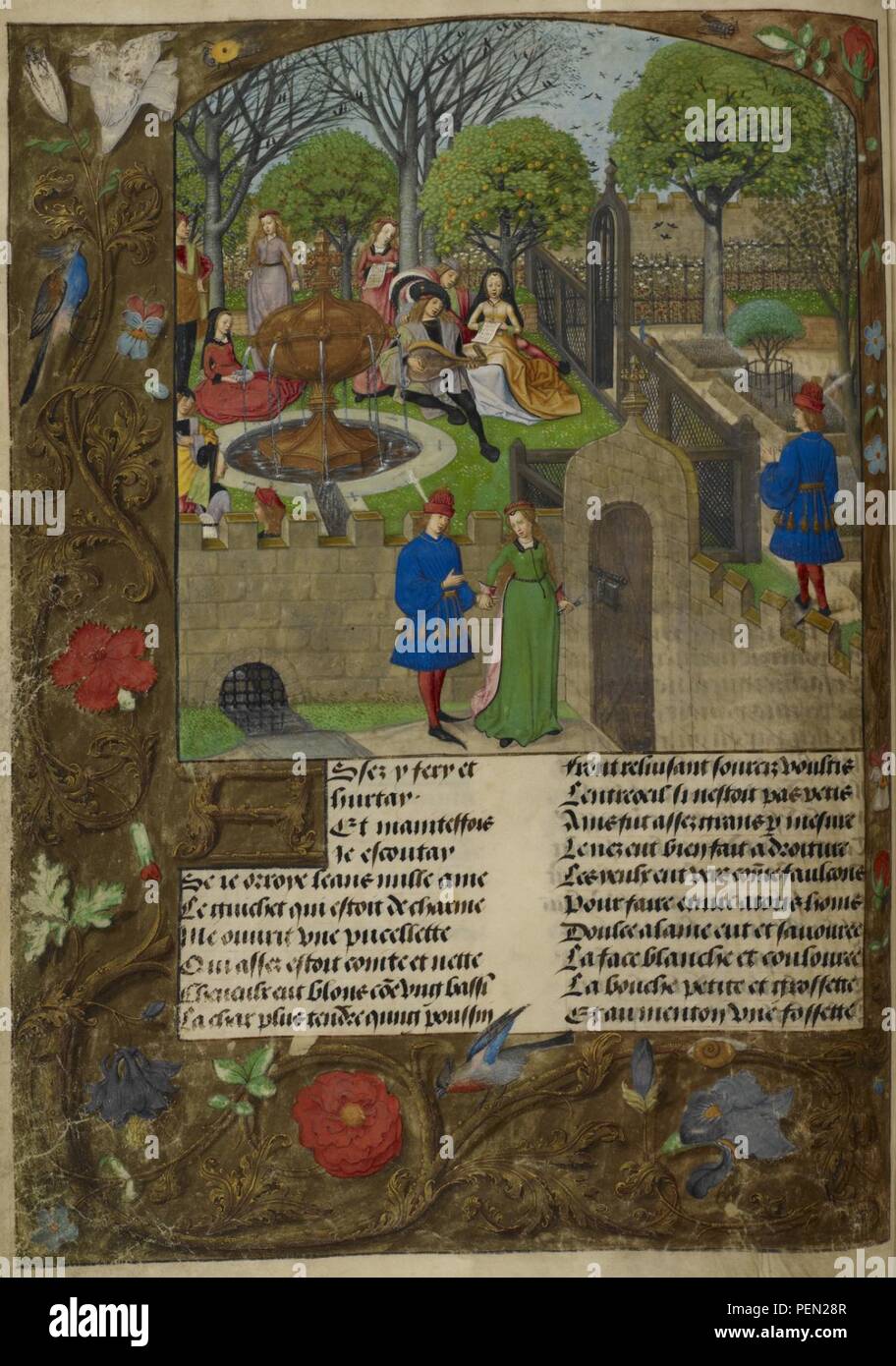 Roman de la Rose. - caption 'Lutenist and singers in a walled garden