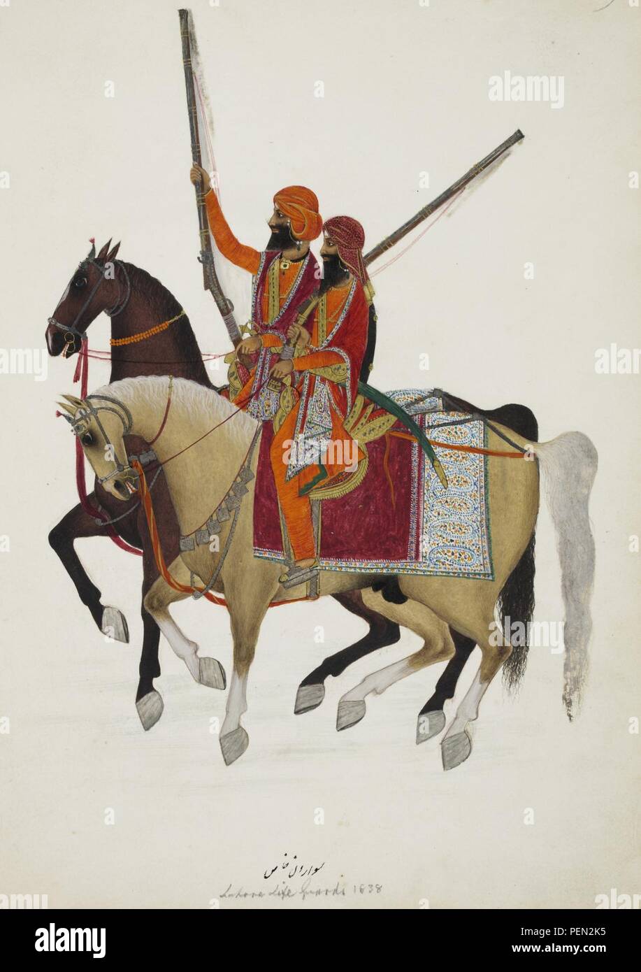 Untitled - caption  'Bodyguard of Ranjit Singh. Two horsemen on richly caparisoned mounts. Inscribed in Persian characters  'Sawardan i khass'; in English 'Lahore Life Guards 1838'' Stock Photo