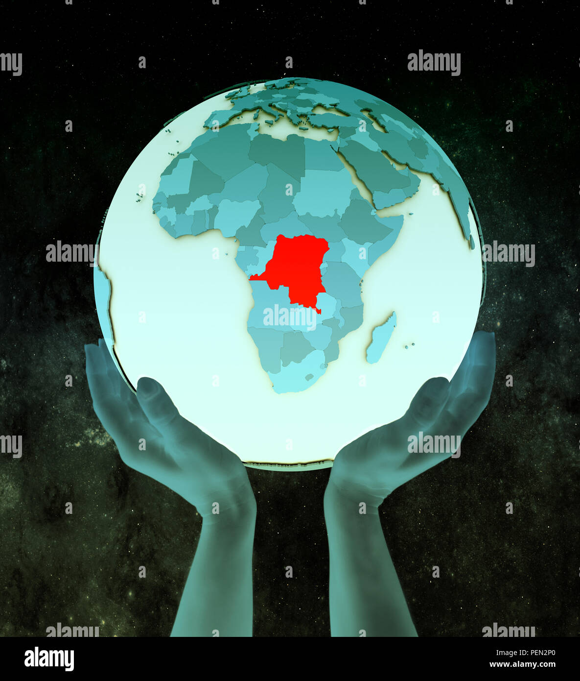 Democratic Republic of Congo on shiny blue globe in hands in space. 3D illustration. Stock Photo