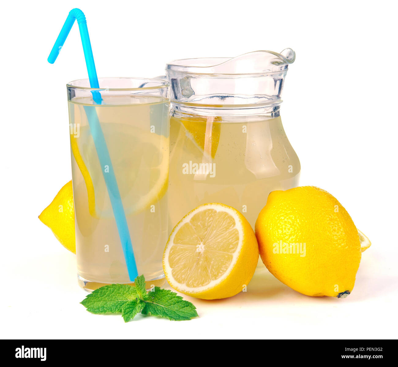 lemon juice in a jug and fruit Stock Photo Alamy