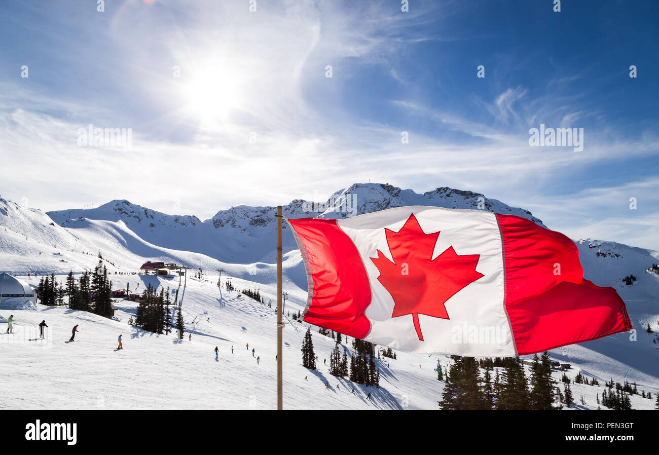 Canadian flag flying near the Rendezvous on top of Whistler Mountain. Stock Photo
