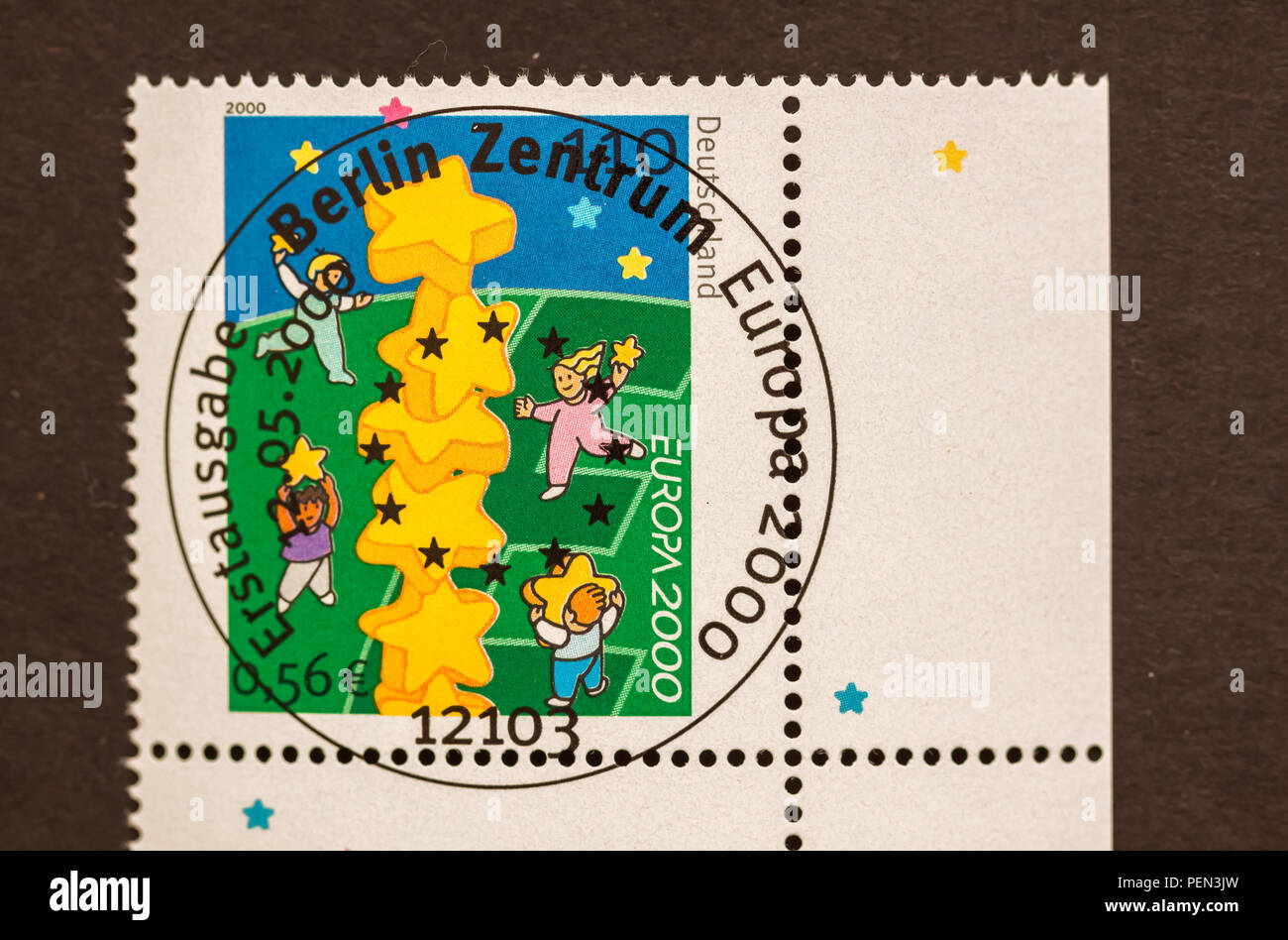 German postage stamp with first day of issue postmark to commemorate Europa 2000. Stock Photo