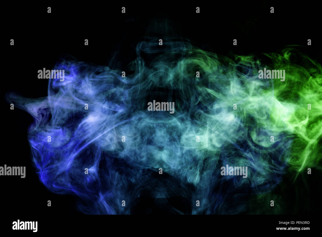 Cloud of blue and green smoke on a black isolated background ...