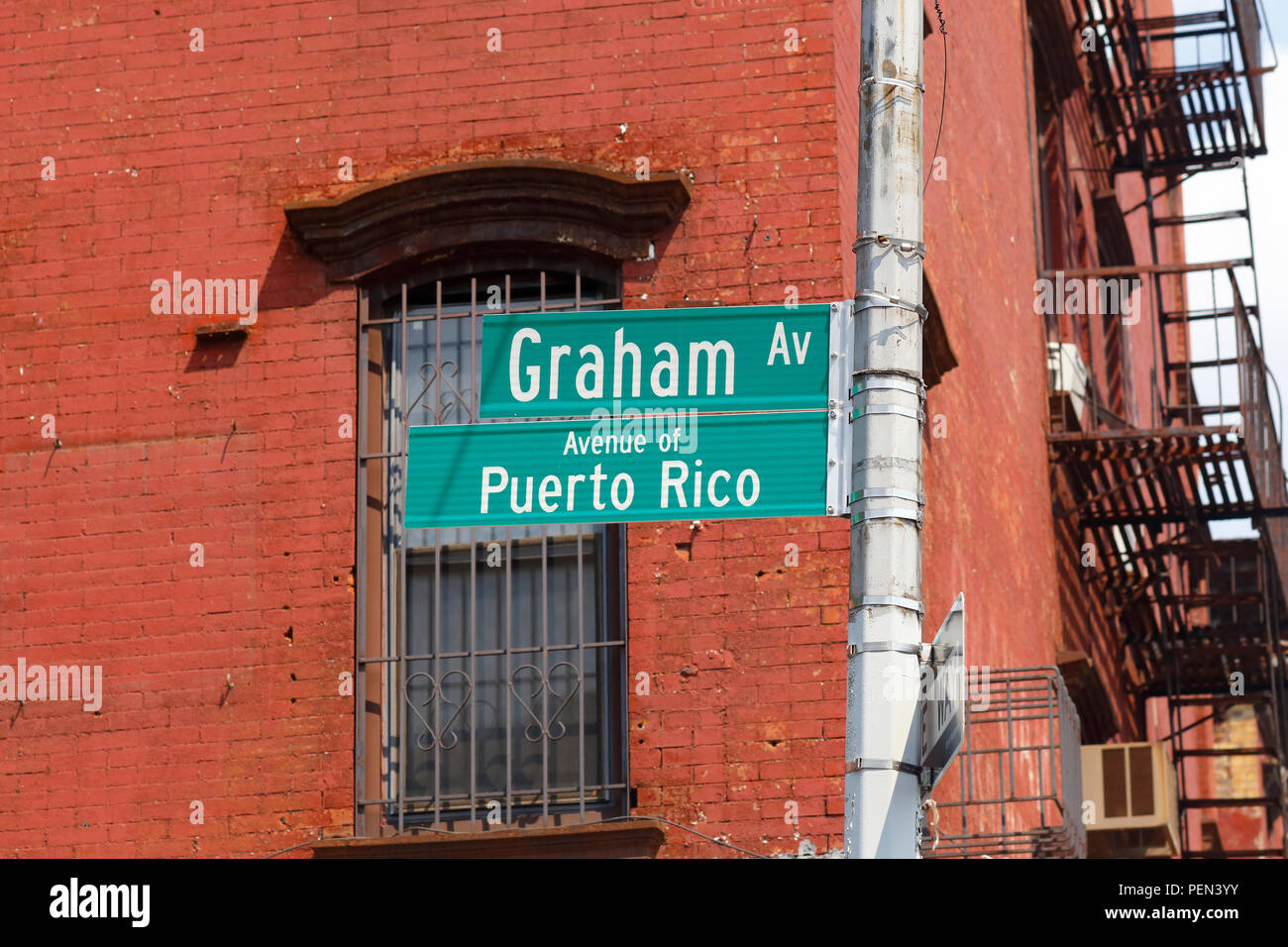 The Avenue of Puerto Rico, or Graham Ave, street signs in Brooklyn, New York. Stock Photo