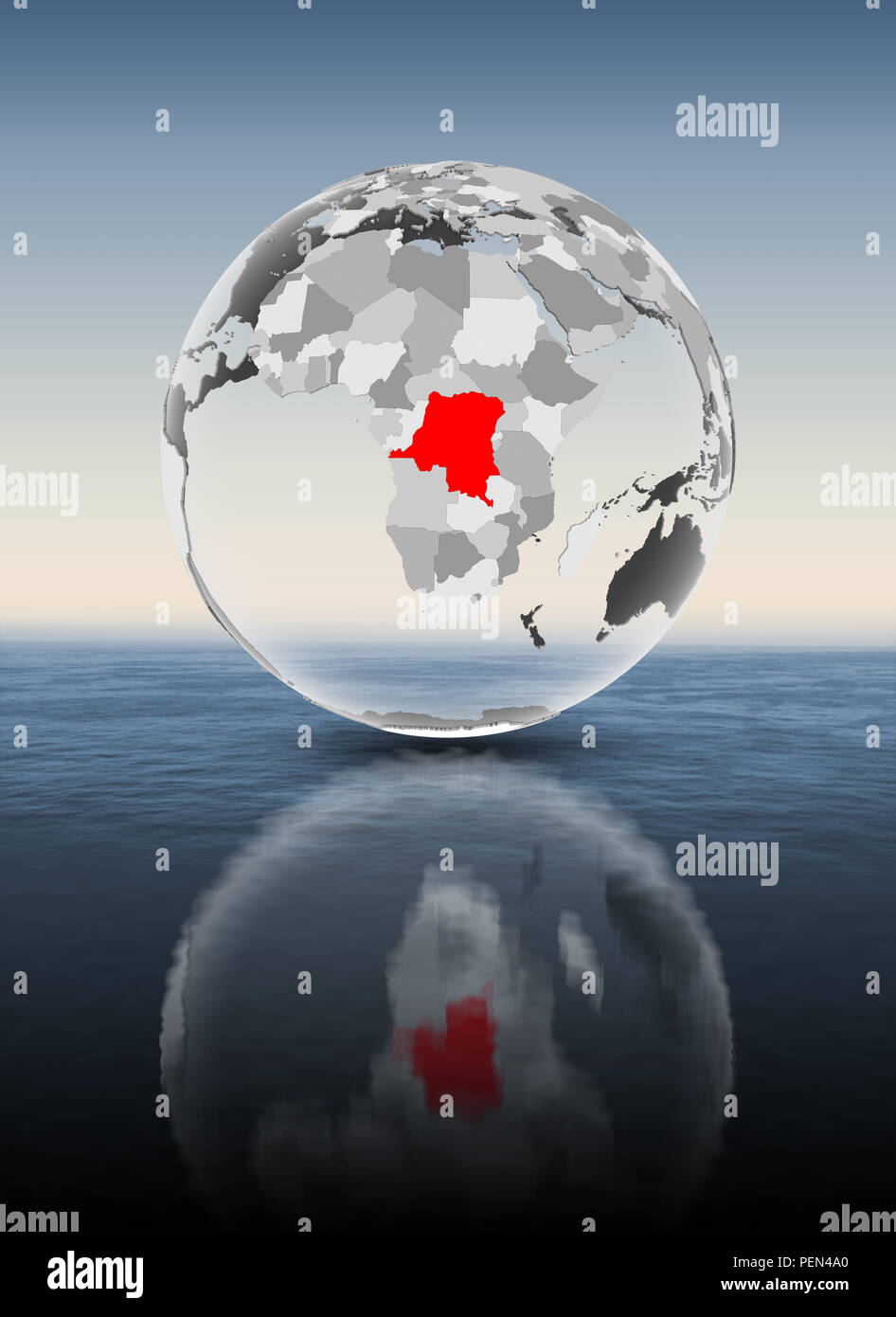 Democratic Republic of Congo in red on translucent globe floating above ...