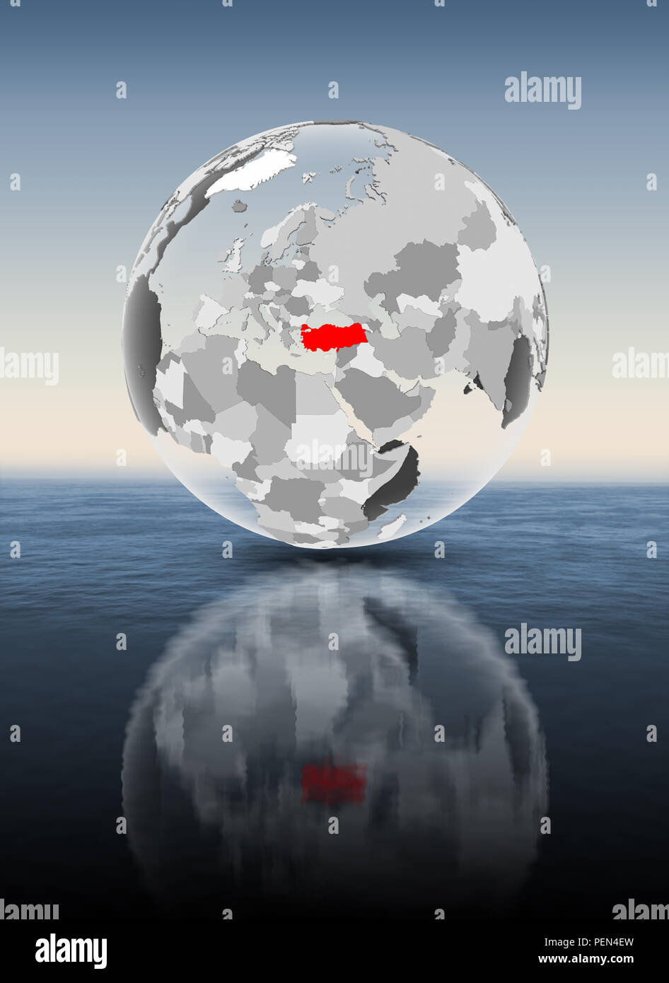 Turkey in red on translucent globe floating above water. 3D ...
