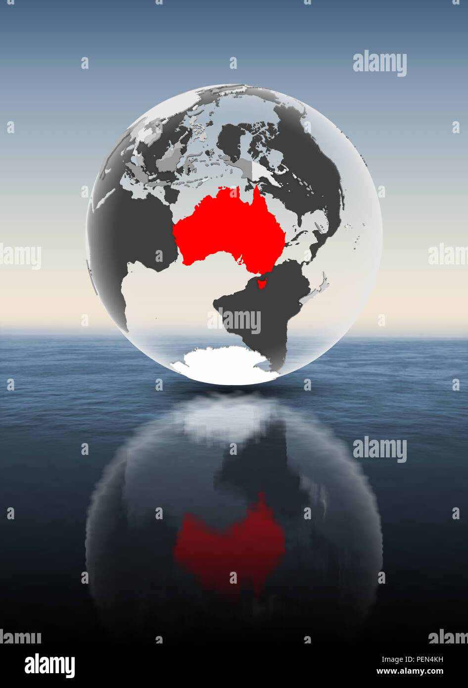 Australia In Red On Translucent Globe Floating Above Water 3D australia-in-red-on-translucent-globe-floating-above-water-3d