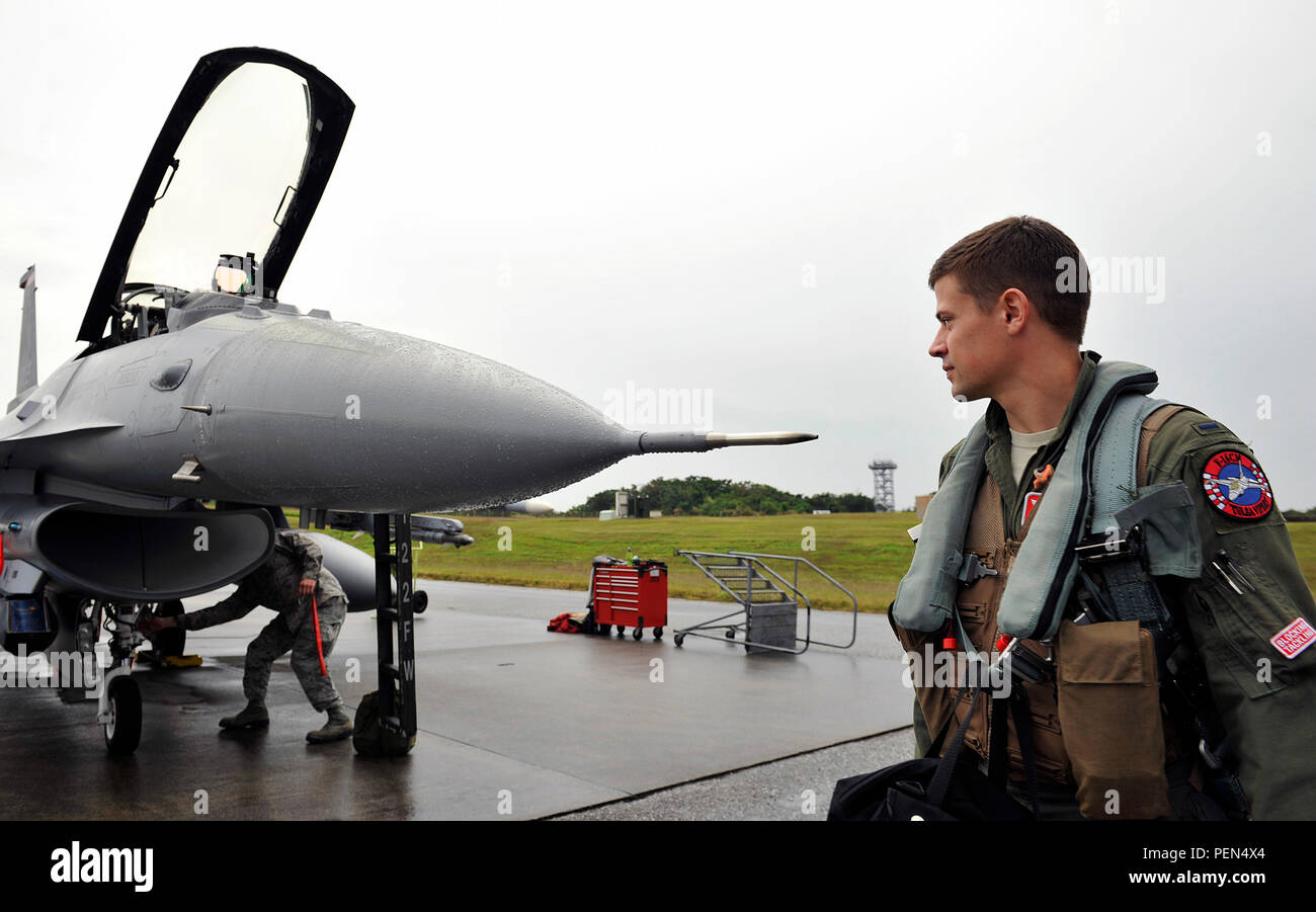 U.S. Air Force 1st Lt. Freddie Dee, 125th Expeditionary Fighter Squadron F-16 Fighting Falcon pilot, completes preflight checks before takeoff for the U.S. Pacific Command Theater Security Package Dec. 15, 2015, at Kadena Air Base, Japan. This TSP demonstrates the continuing U.S. commitment to stability and security in the region and shows our commitment to the U.S.-Japan alliance and the mutual defense of Japan. (U.S. Air Force photo by Naoto Anazawa) Stock Photo