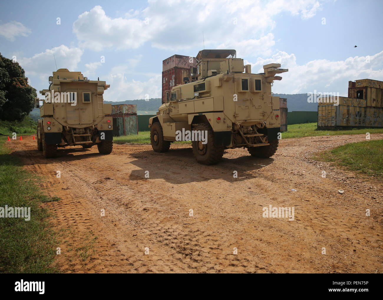 A Uganda People’s Defense Force soldier posts his Mine-Resistant