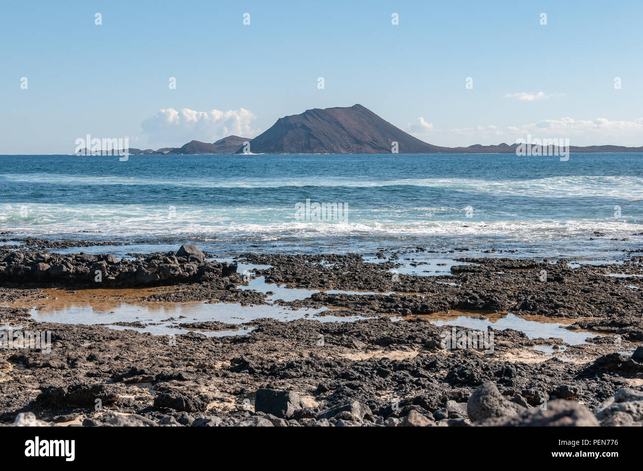 View of Los Lobos from Fuerteventura, Canary Islands Stock Photo