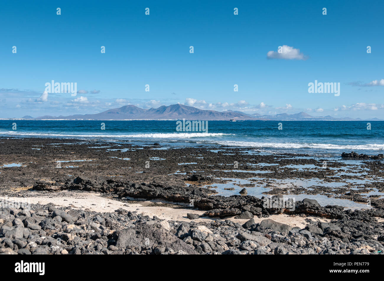 View of Los Lobos from Fuerteventura, Canary Islands Stock Photo