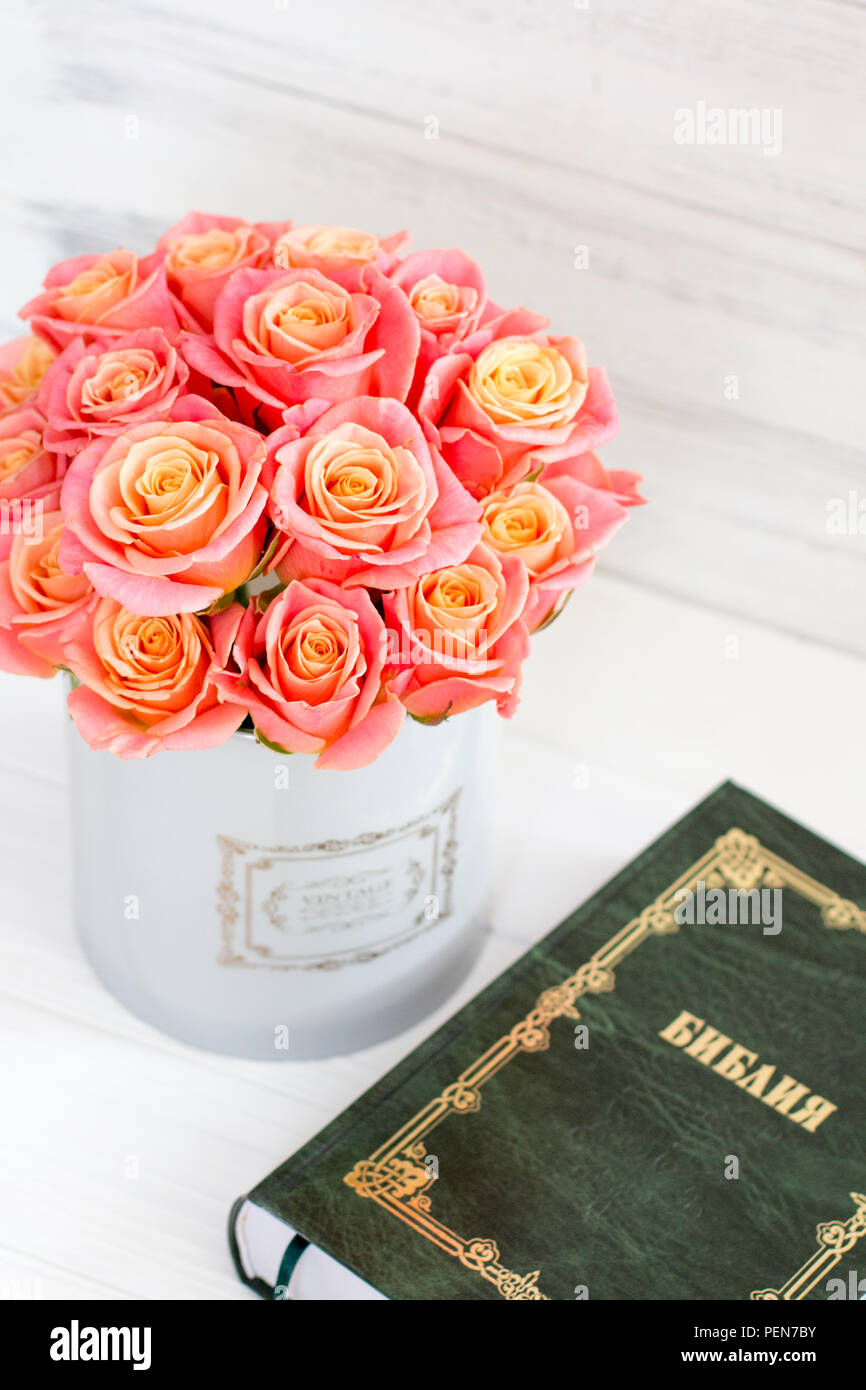 Roses in a round box and the Bible. Beautiful pink roses on a white ...