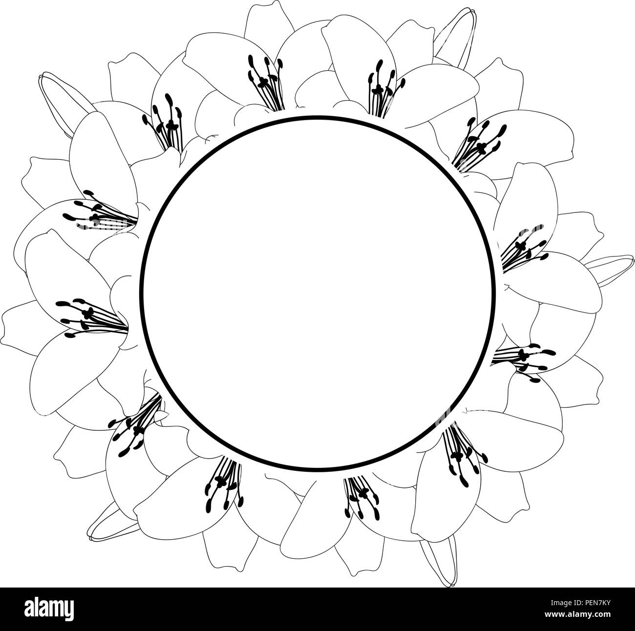 Lily Flower Outline Banner Wreath isolated on White Background. Vector ...