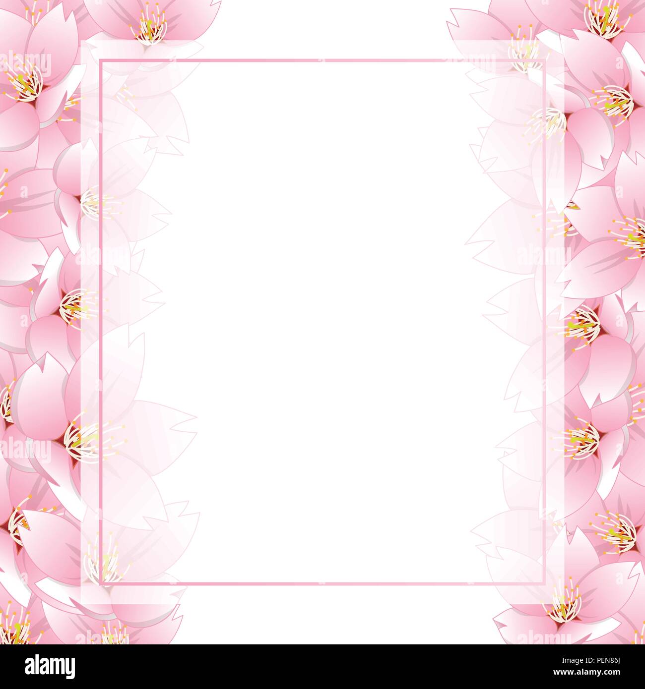 Prunus serrulata  - Cherry blossom, Sakura Banner Card Border isolated on White Background. Vector Illustration. Stock Vector
