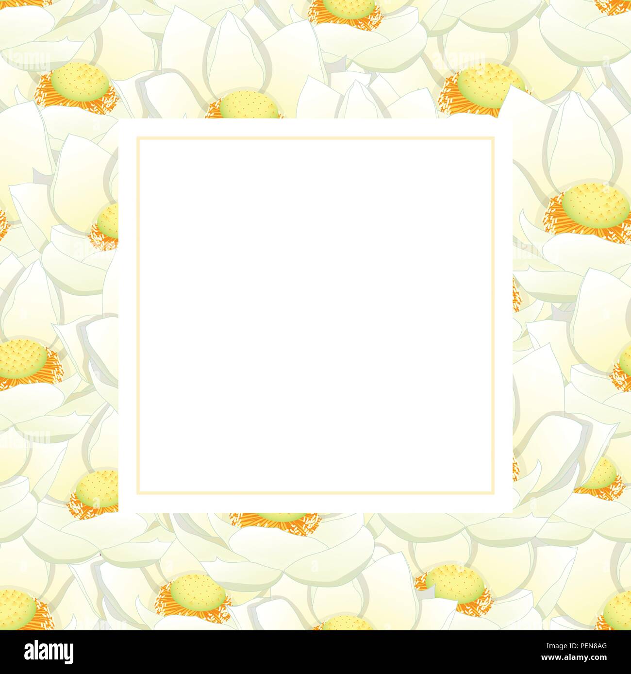 White Indian lotus Banner Card. Nelumbo nucifera,sacred lotus, bean of India, Egyptian bean. National flower of India and Vietnam. Vector Illustration Stock Vector