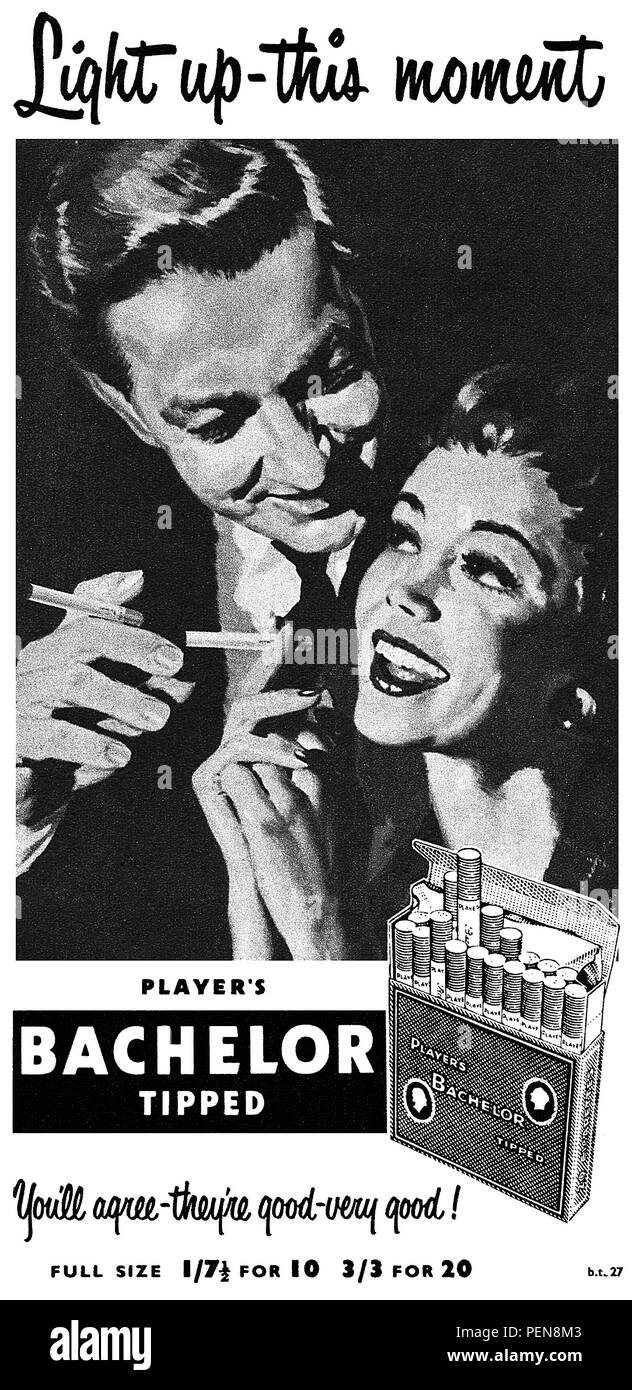 1956 British advertisement for Player's Bachelor tipped cigarettes. Stock Photo