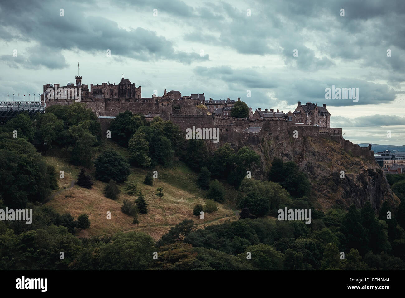Looking up the hill at Edinburgh Castle, Edinburgh, Scotland, United Kingdom Stock Photo