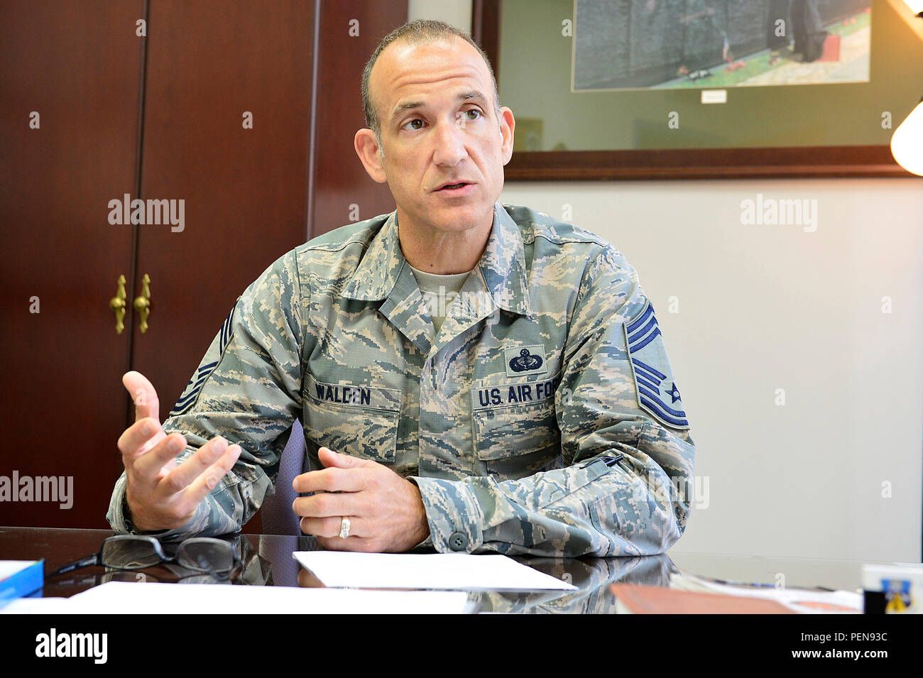 Chief Master Sgt. Edward L. Walden, commandant of the Paul H. Lankford  Enlisted Professional Military Education Center, answers questions at  McGhee Tyson Air National Guard Base, Tenn., Dec. 9 during an interview