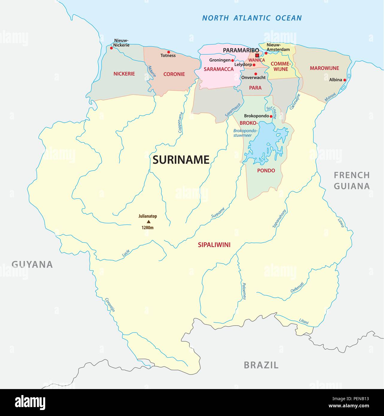Republic of Suriname administrative and political vector map. Stock Vector