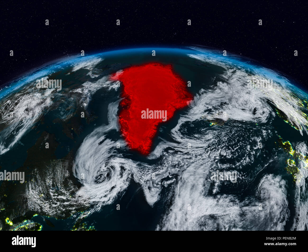 Greenland from space at night on Earth with visible country borders. 3D illustration. Elements of this image furnished by NASA. Stock Photo