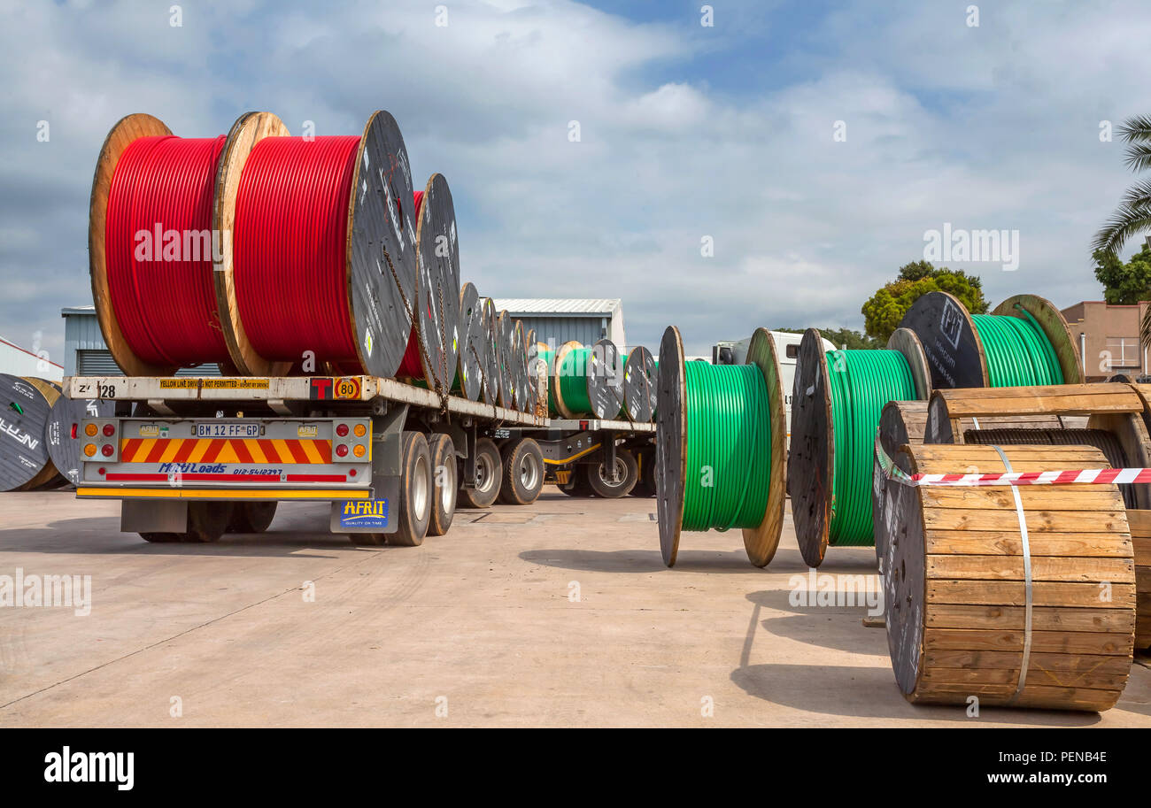 Cape Town, South Africa 2 February, 2017 Large cable rolls loaded on to truck Stock Photo Alamy
