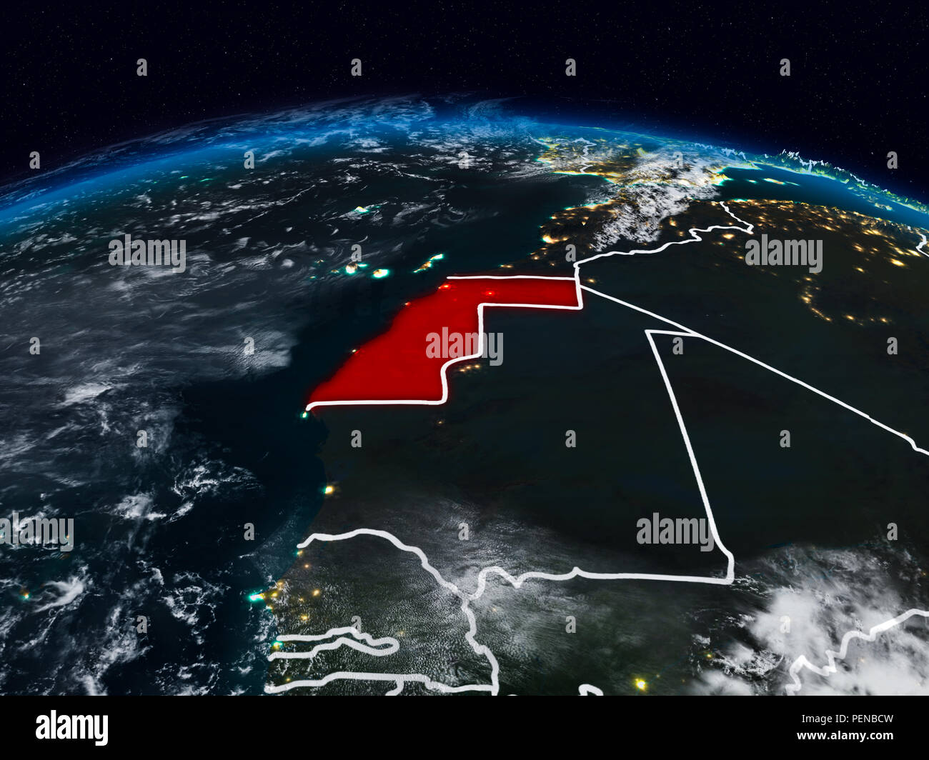 Western Sahara from space at night on Earth with visible country ...